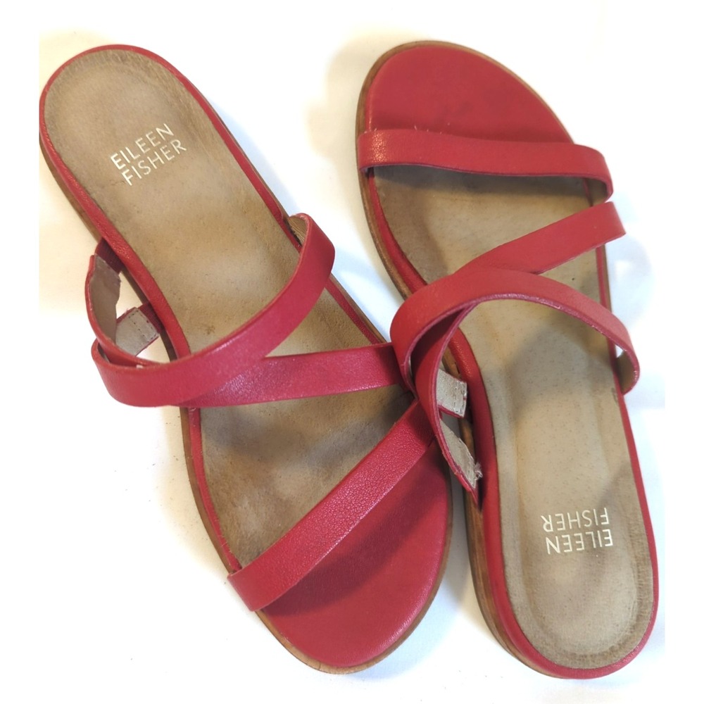 EILEEN FISHER Kira Sandal Size 6 Tumbled Leather Flame Red Strappy Timeless Chic